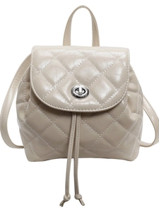 Elegant cream quilted mini backpack in shiny faux leather with silver twist lock
