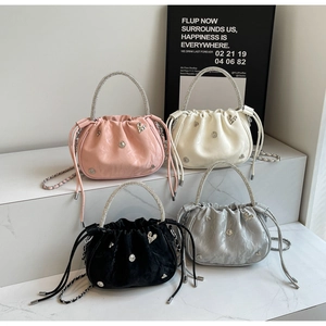 Chic pleated bucket bags in pink, white, black and silver with rhinestone handles