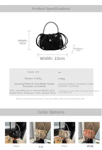 Size chart showing 22x18x11cm dimensions and pleated PU leather textures for bucket bags