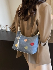 Women Heart Applique Hobo Bag PU Leather Denim Texture Shoulder Bag Contrast Color Sweet Fashion Handbag Crossbody Purse