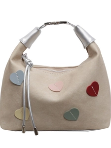 Beige suede heart handbag with colorful patches and silver metal handles for women