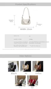 Size guide for PU leather underarm bag with dimensions 23x15x11cm and five color options