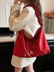 Damen Tote Bag Mit Plissee Schultergurt Glänzendes PU Leder Achseltasche Große Kapazität Hobo Handtasche Koreanische Taschen