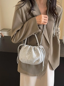 Women Pleated Bucket Bag Rhinestone Handle PU Leather Heart Metal Decor Chain Strap Crossbody Bag Fashion Handbag
