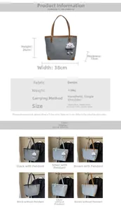 Detailed size specifications and color options for the denim tote bag with cloud charm