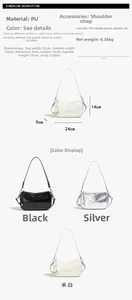 Detail view of stylish crescent underarm bags in black, silver and beige PU leather