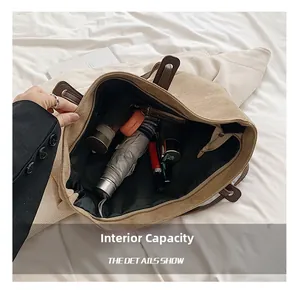 Large khaki canvas tote showing spacious interior with everyday essentials and brown handles