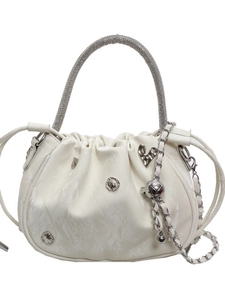Chic off-white pleated bucket bag with rhinestone handle and metal chain strap