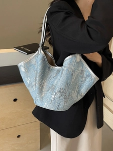 Damen Große Pailletten Denim Tragetasche Glänzende Gestreifte Segeltuch Schultertasche Urban Pendler Handtasche Alltag Shopper