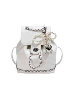 Elegant white mini bucket backpack with silver chain and pearl bow charm detail