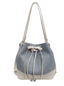 Blue and beige large contrast bucket backpack for women with drawstring bow detail