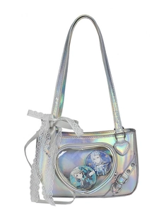 Iridescent silver Ita bag with heart window and lace bow, elegant shoulder bag for women