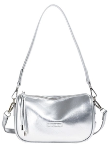 Silver metallic wrinkled underarm bag with metal logo and dual shoulder straps