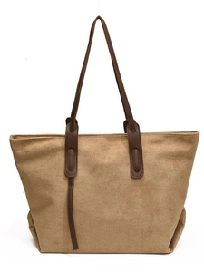 Large capacity suede tote bag in khaki with brown straps for women's daily commute