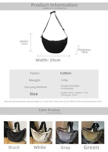 Detail view of crescent crossbody bag dimensions 29x17x10cm in four color options