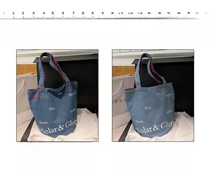 Vista dettagliata della borsa tote in denim con trame in blu scuro e blu chiaro