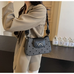 Detail der gepunkteten Tasche mit Silberschleife und schwarzer Stickerei am Model