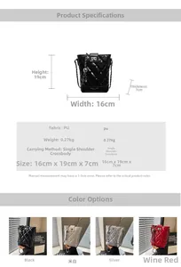 Detailed size chart and multi-color options for the quilted chain bucket bag