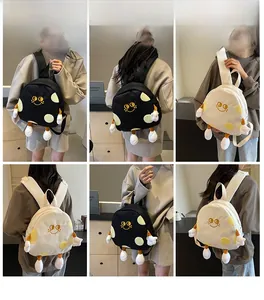 Detailed model view of cute cartoon canvas backpacks with plush limbs in black and white