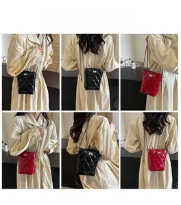 Quilted patent leather bucket bag with chain strap shown on model in various angles