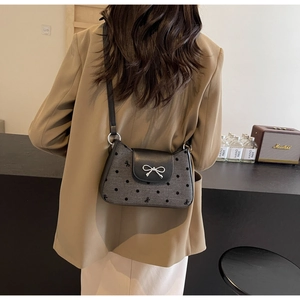 Details der Metall-Schleifenschnalle an der grauen Polka-Dot-Tasche mit Lederklappe