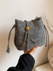 Gray marble texture drawstring bucket bag with gold adjustable chain strap