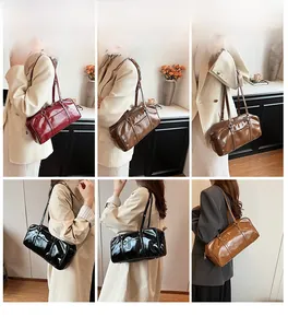 Collage of model carrying retro oversized faux leather shoulder bags in multiple colors