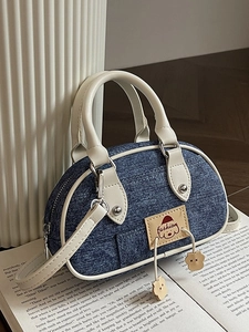 Borsa a Spalla Donna Retro Denim Patchwork Contrasto PU Pelle Moda Borsa a Mano a Cuscino Con Ciondolo Cane Cartone Animato Tracolla
