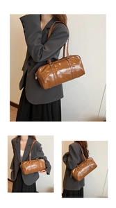 Detailed views of a glossy brown leather Boston bag with vintage cylinder design