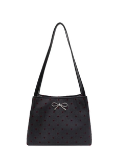 Fashionable dark grey bucket bag with red heart pattern and silver bow decoration