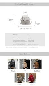 Detailed chart showing PU leather backpack dimensions and five available color options