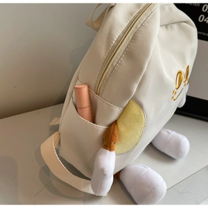 Detail of off-white cartoon backpack with side pocket, embroidery and creative 3D limbs