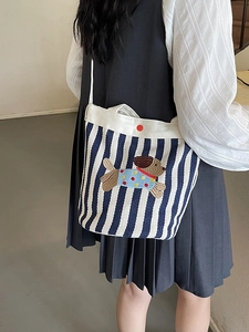 Sac Seau en Toile Rayée pour Femmes Avec Broderie Chien Sac à Main Décontracté Bandoulière pour Voyage Quotidien