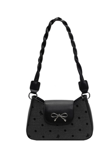 Schwarze Polka-Dot Schultertasche mit Denim-Textur und silberner Schleifenschnalle