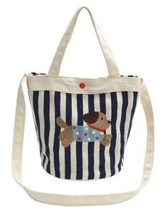 Sac seau en toile à rayures bleues et blanches avec broderie chien et bouton rouge