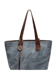 Retro grey-blue large capacity tote bag with brown handles and embossed letters