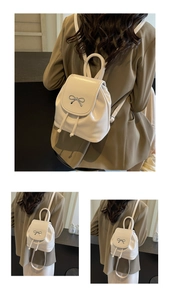 Detail showing white PU leather mini backpack with bow knot and drawstring closure