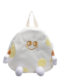 Creative white cartoon egg backpack with yellow polka dots and plush limbs for children
