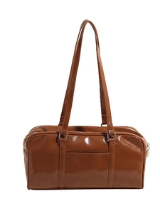 Retro brown glossy patent leather large capacity shoulder bag with silver hardware