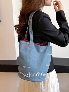 Borsa a Secchiello in Denim da Donna Con Stampa a Lettere Tote Fodera a Quadri Casual Tracolla Grande Capacità Moda