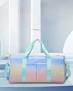 Detail view of colorful gradient travel bag with independent shoe compartment and trolley sleeve