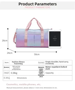 Waterproof oxford travel bag detail with dimensions 50x26x24cm and wet dry separation