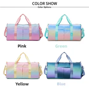 Detailed color options for the gradient travel bag in pink, green, yellow, and blue