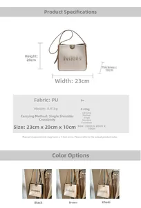 Detail view of women's PU tote bag dimensions and three colors in black, brown and khaki