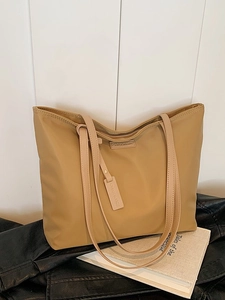 Khaki large capacity oxford tote bag with leather logo tag for casual daily commute