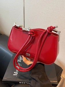 Women Shiny PU Leather Underarm Bag Minimalist Wavy Edge Shoulder Bag With Metal Bar And Knot Strap Fashion Handbag