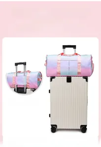 Pastel blue gradient travel bag with trolley sleeve attachment on a white suitcase