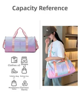 Detailed view of pastel gradient travel bag capacity with model lifestyle display