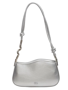 Metallic silver shoulder bag with unique wavy edge design and knotted shoulder strap