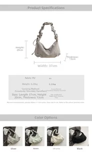 Size chart showing large pleated dumpling bag dimensions 37x20x13cm in four colors